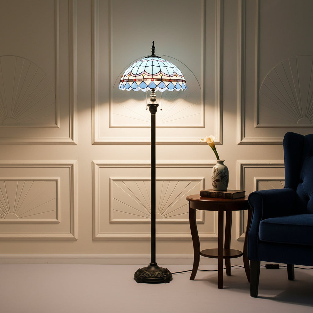 Tiffany-style floor lamp in blue and multicolored stained glass