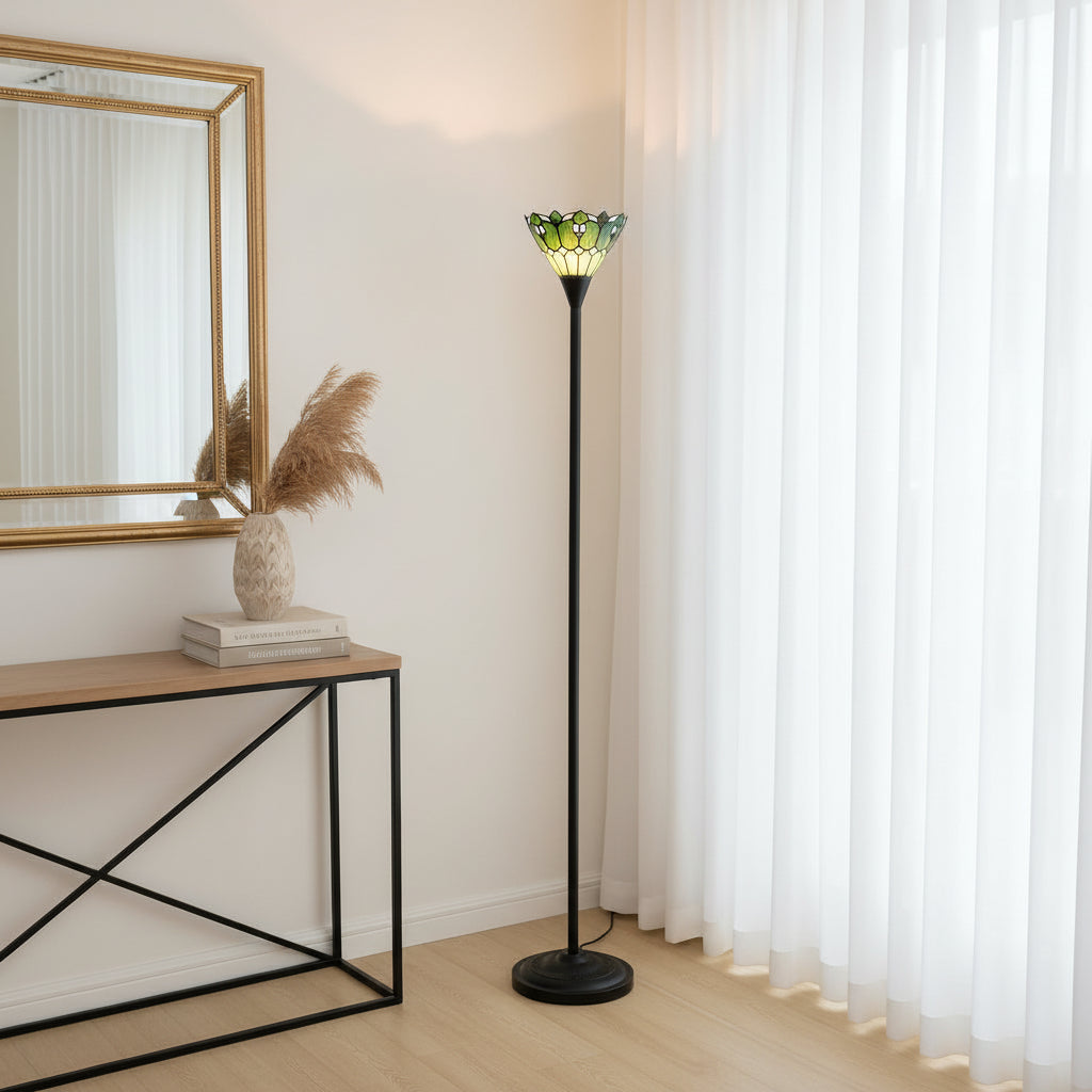 Tiffany-style floor lamp in green and cream stained glass