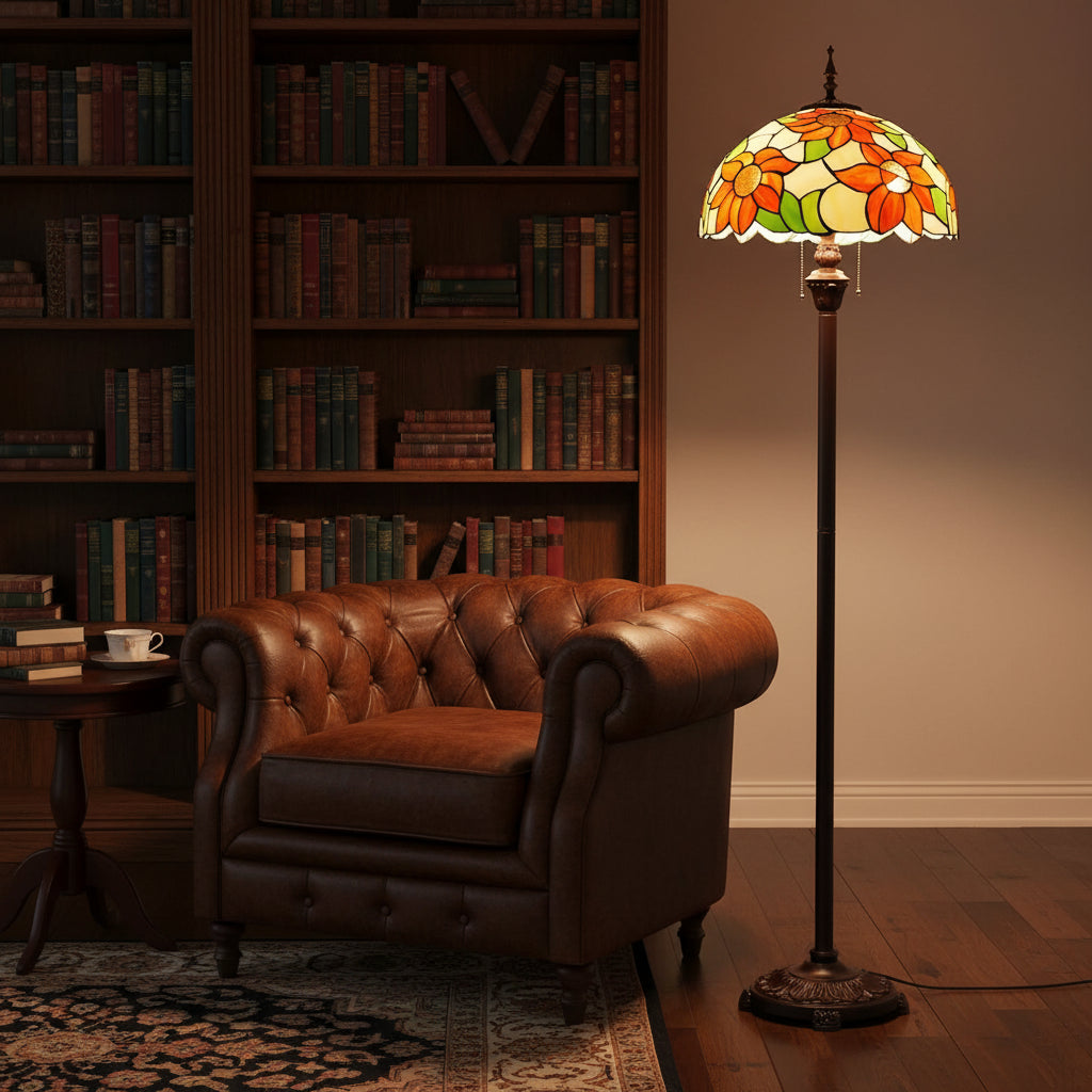 Tiffany-style floor lamp in orange floral glass