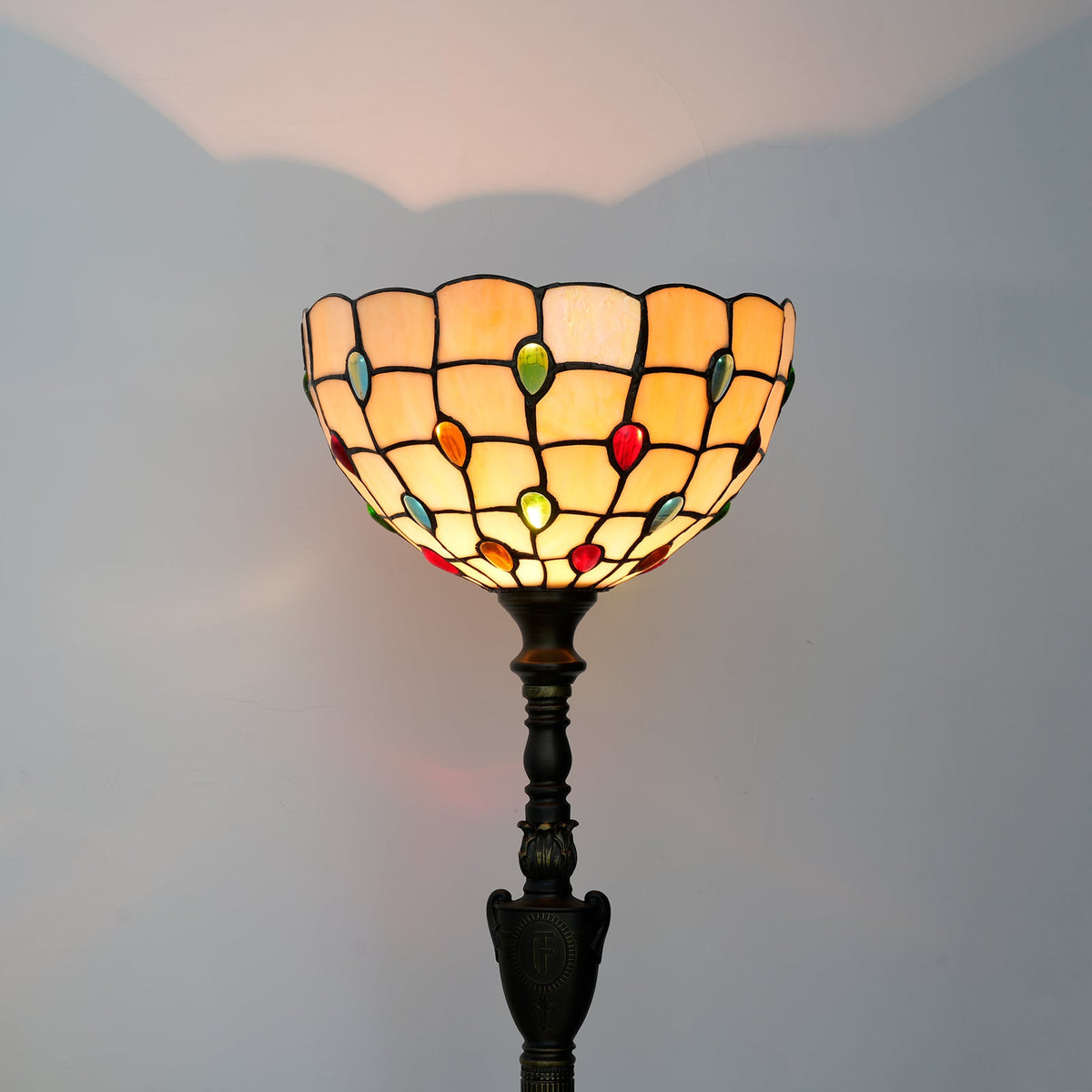 Tiffany Style Floor Lamp in Stained Glass and Colored Cabochons