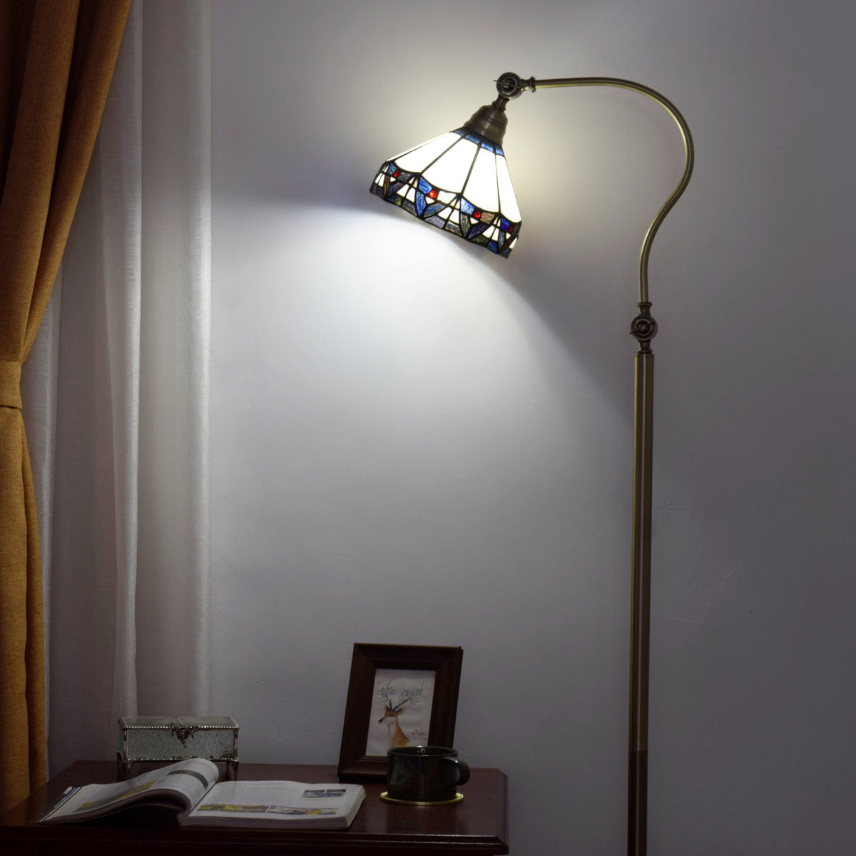 Tiffany Style Floor Lamp in Stained Glass with Curved Arm
