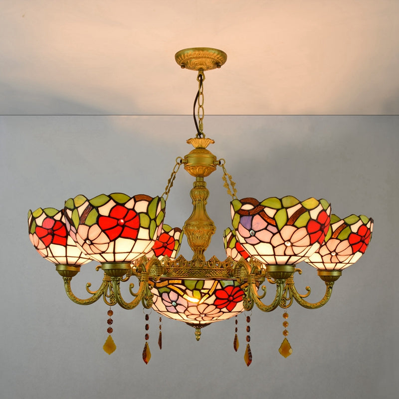 Tiffany Style Floral Stained Glass and Bronze Chandelier