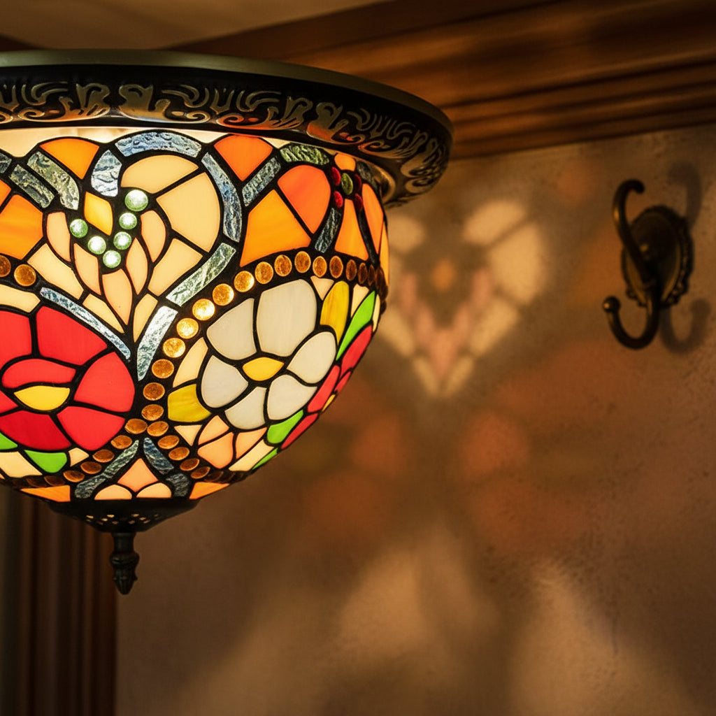 Tiffany-style Floral Stained Glass and Iron Ceiling Light