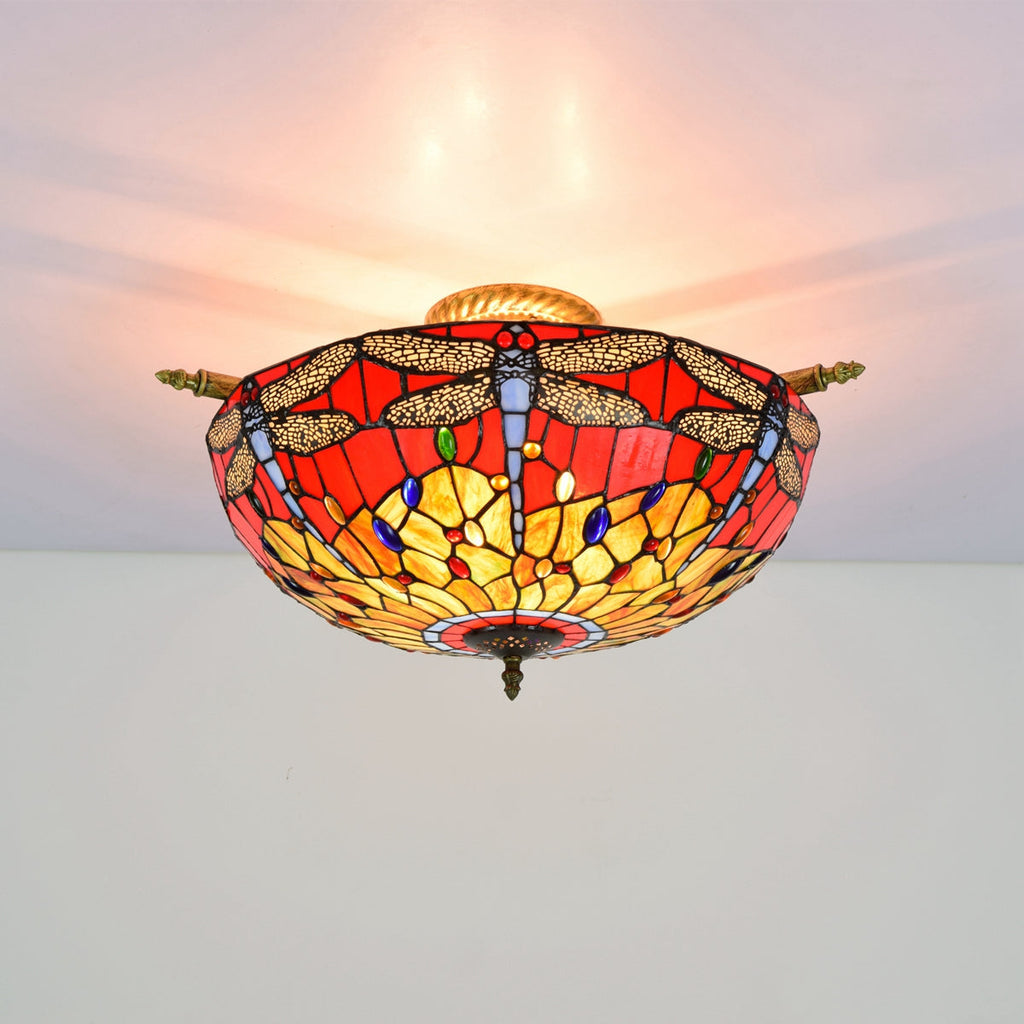 Tiffany Style Glass Ceiling Light with Red Dragonflies