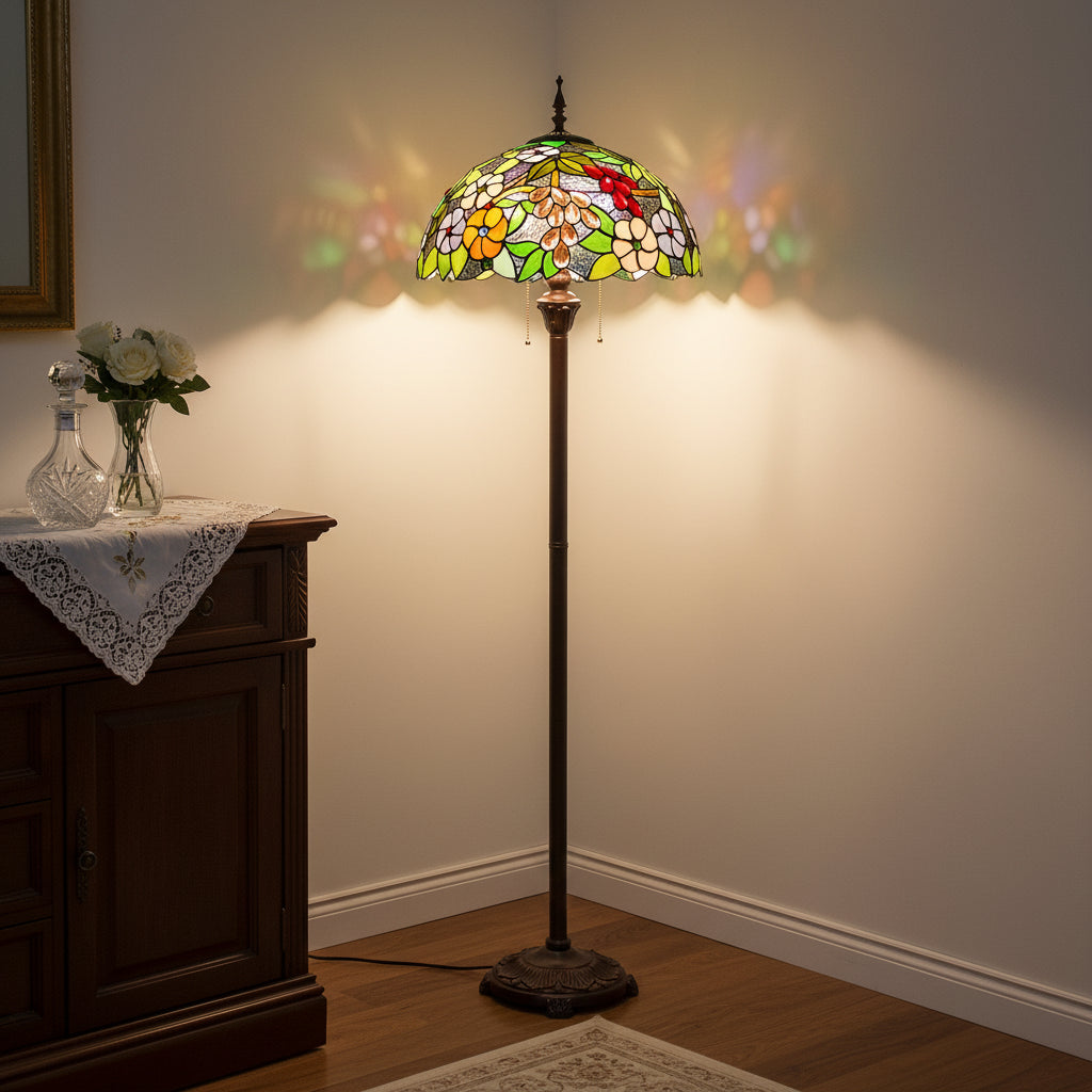 Tiffany Style Glass Floor Lamp with Flowers and Fruits