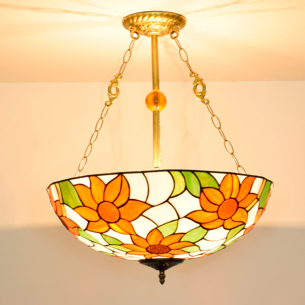 Tiffany-style glass pendant light with orange flowers