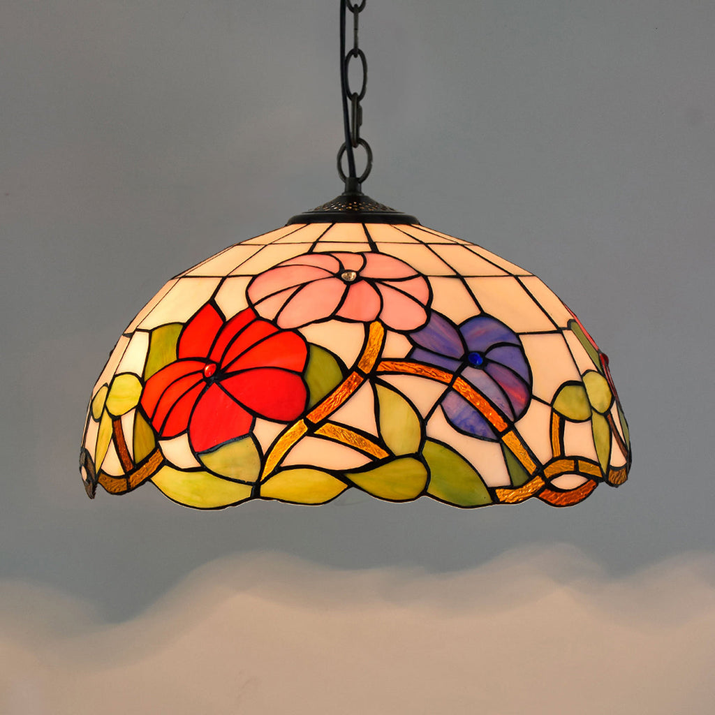 Tiffany-style Hanging Pendant Light in Multicolored Floral Stained Glass