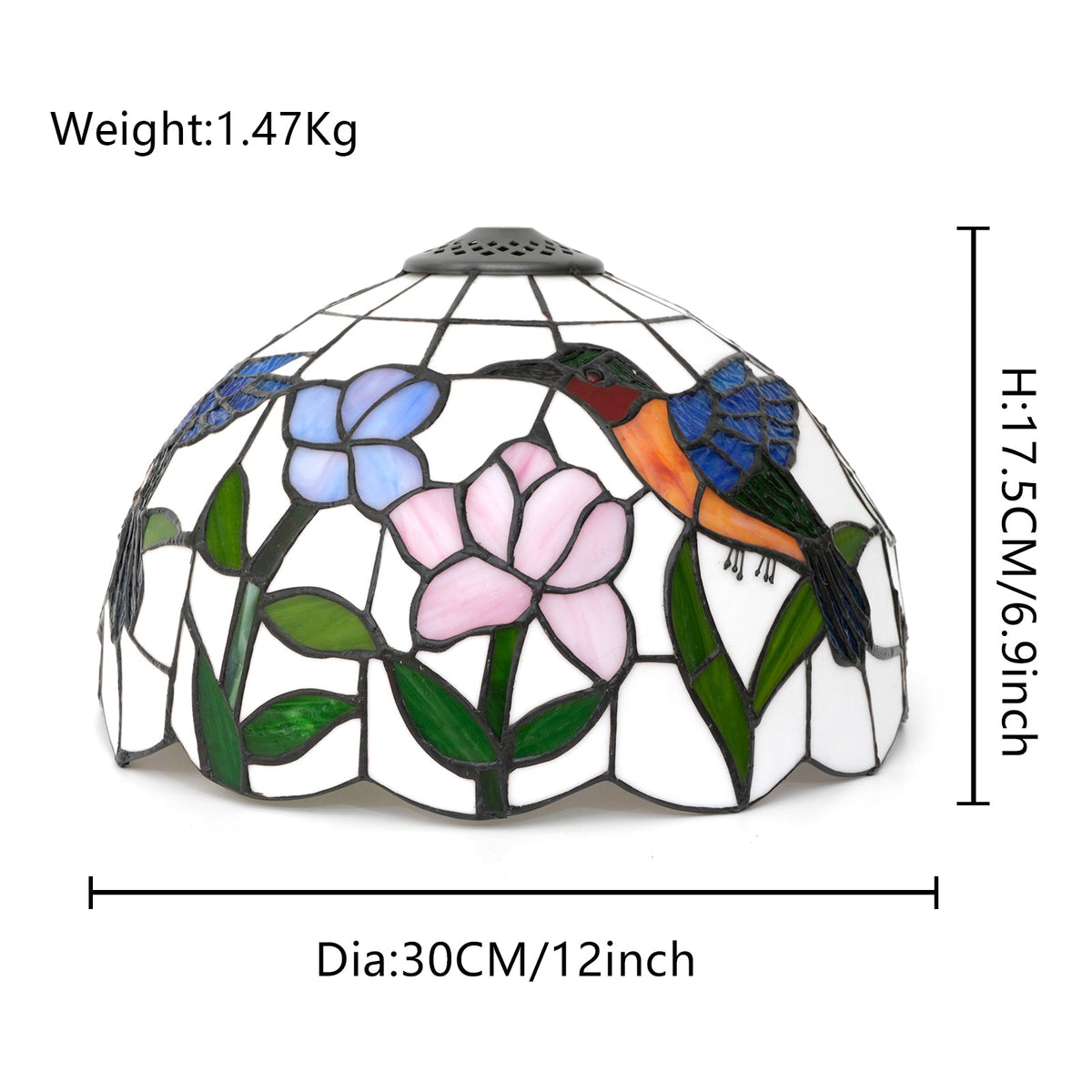 Tiffany-style lampshade in stained glass with a hummingbird and flower design.