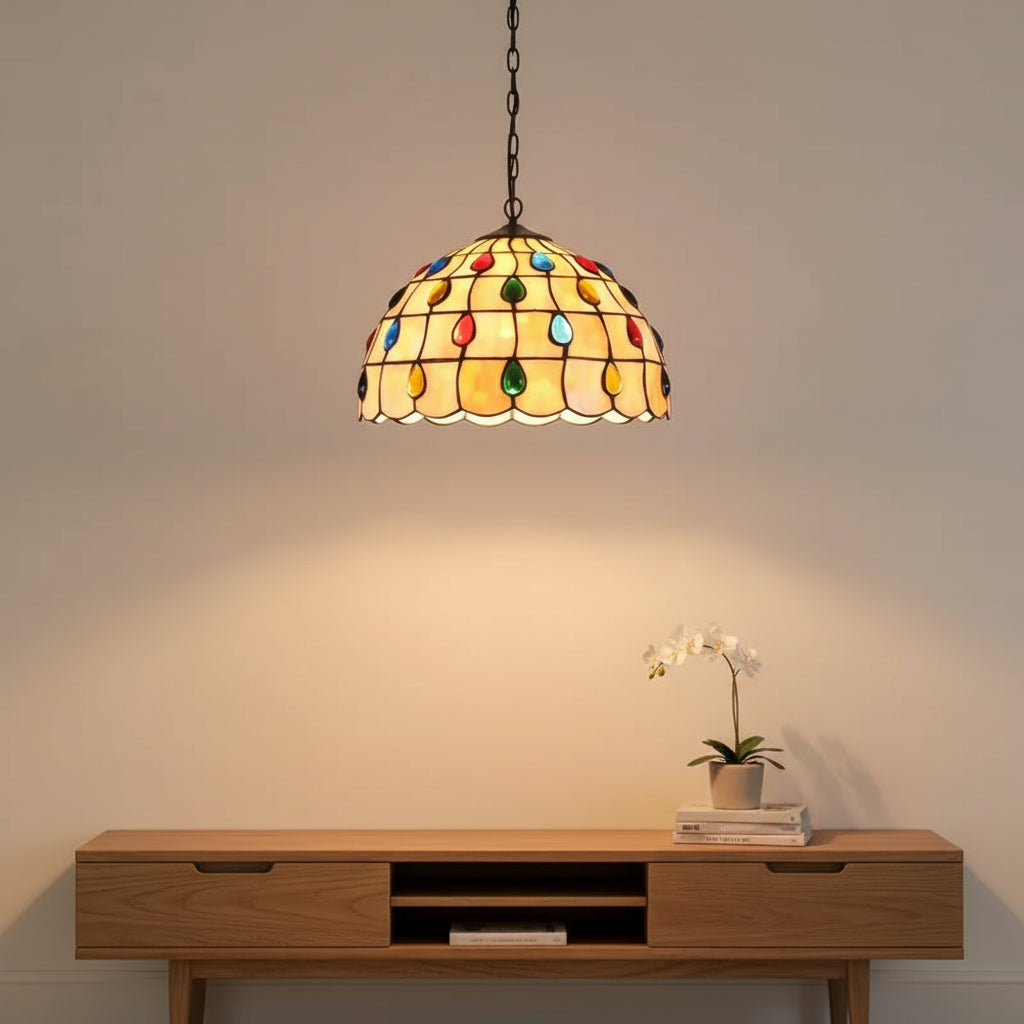 Tiffany-style pendant light in tinted glass with cabochons, 30cm