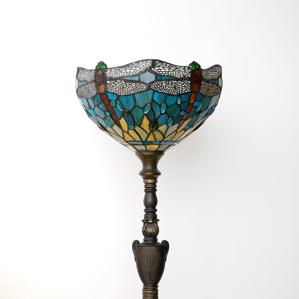 Tiffany-style polychrome stained glass floor lamp with dragonflies