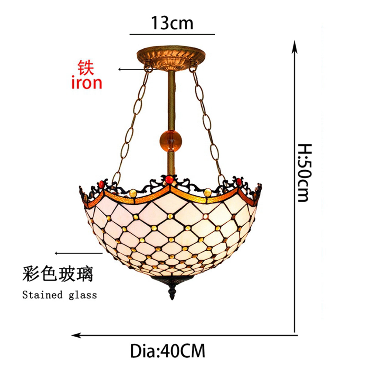 Tiffany Style Stained Glass and Antique Iron Pendant Light