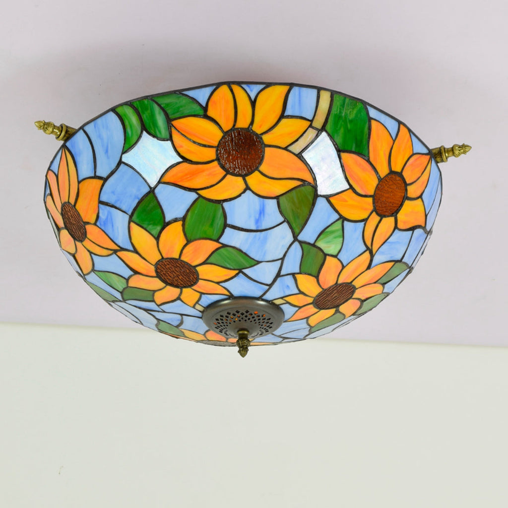 Tiffany-style stained glass ceiling light in blue sunflowers