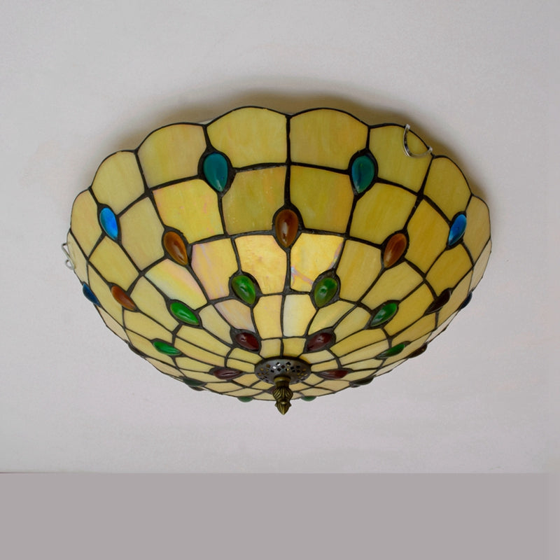 Tiffany-style stained glass ceiling light in yellow and multicolored glass