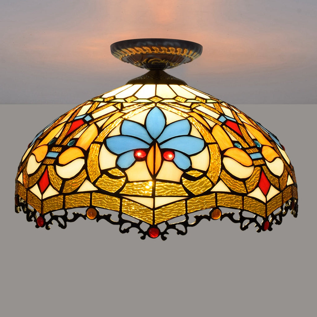 Tiffany Style Stained Glass Ceiling Light with Blue Floral Motif