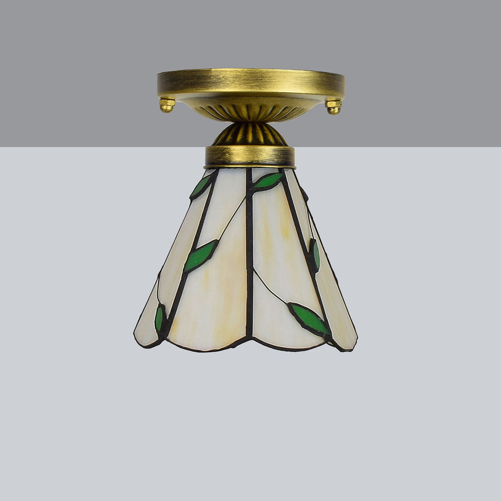 Tiffany-style stained glass ceiling light with green leaves