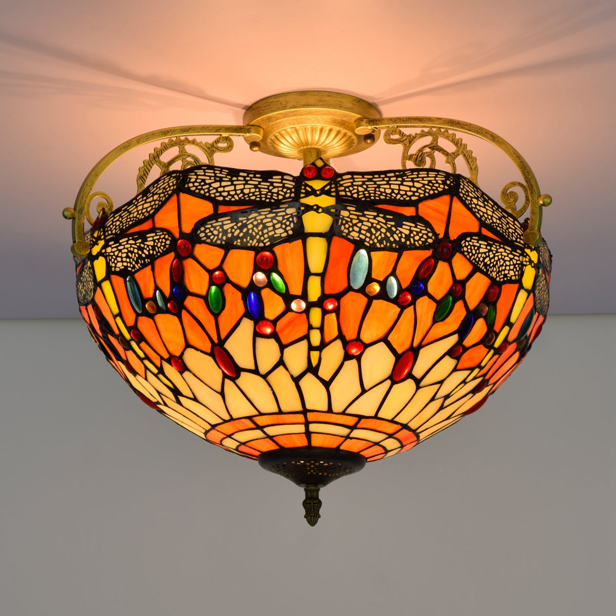 Tiffany-style stained glass ceiling light with orange dragonflies