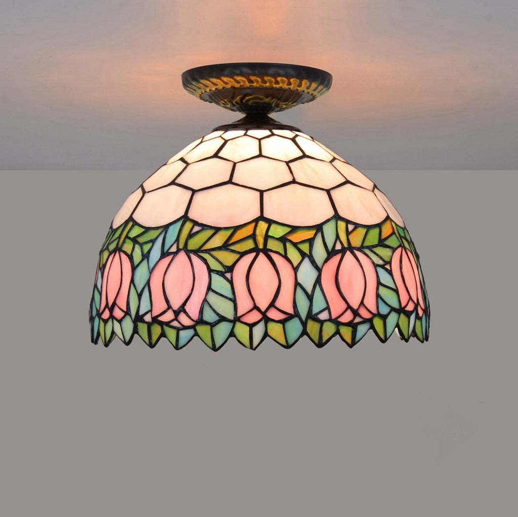 Tiffany-style stained glass ceiling light with pink tulips