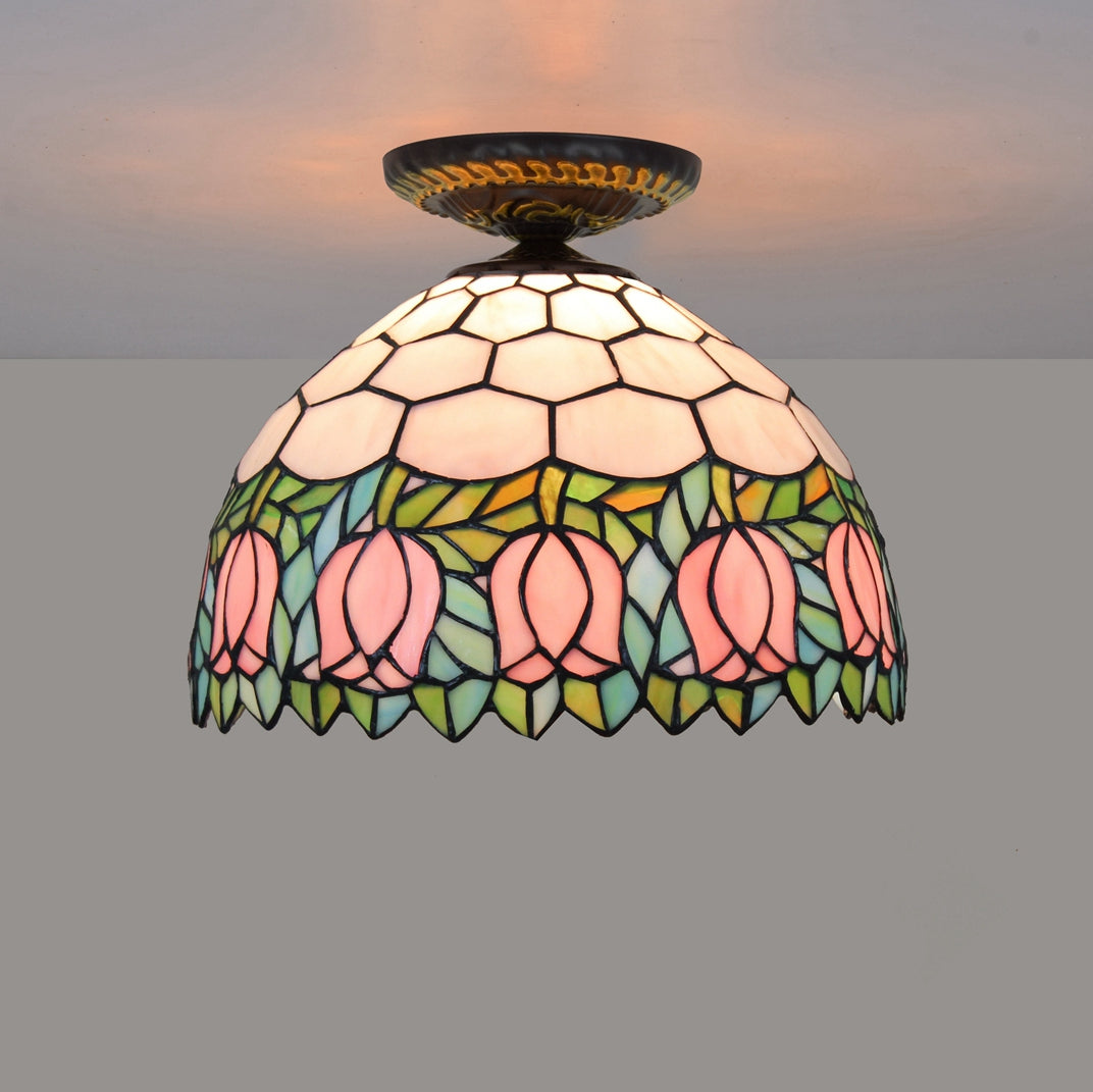 Tiffany-style stained glass ceiling light with pink tulips