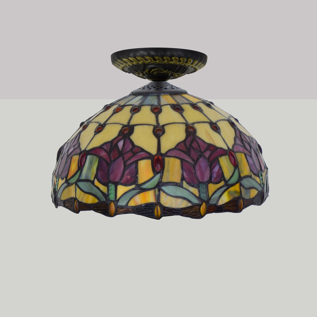 Tiffany-style stained glass ceiling light with purple tulips