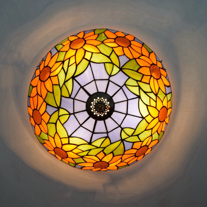 Tiffany-style stained glass ceiling light with sunflowers