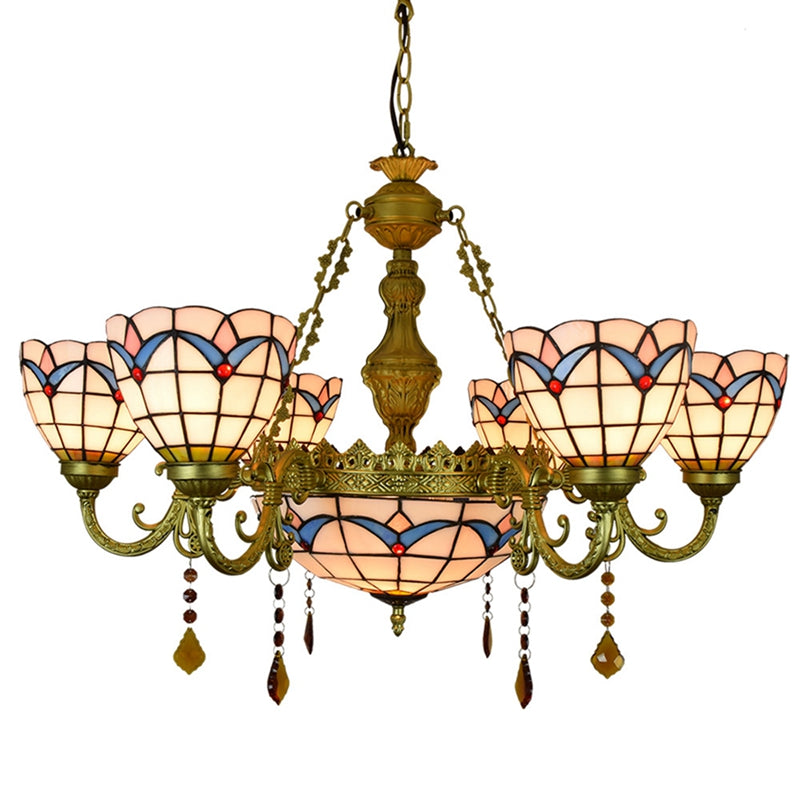 Tiffany Style Stained Glass Chandelier with 6 Arms in Bronze and Crystal