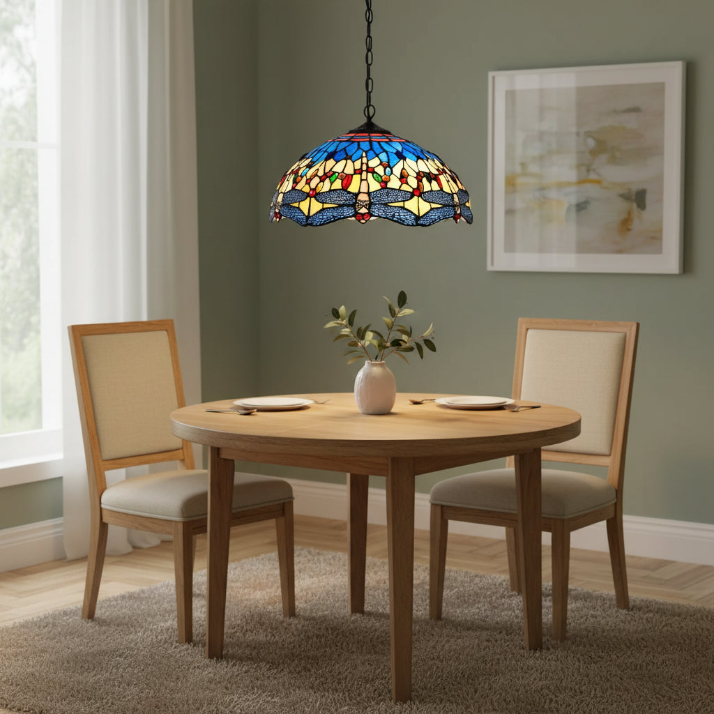 Tiffany-style stained glass dragonfly pendant light