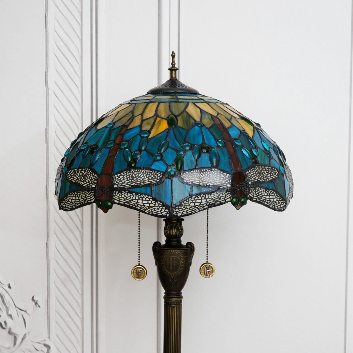 Tiffany-style stained glass floor lamp with blue and amber dragonflies