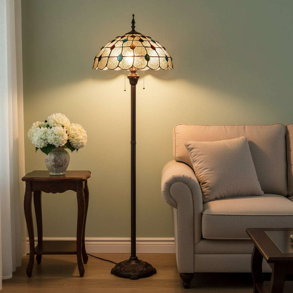 Tiffany-style stained glass floor lamp with cabochons