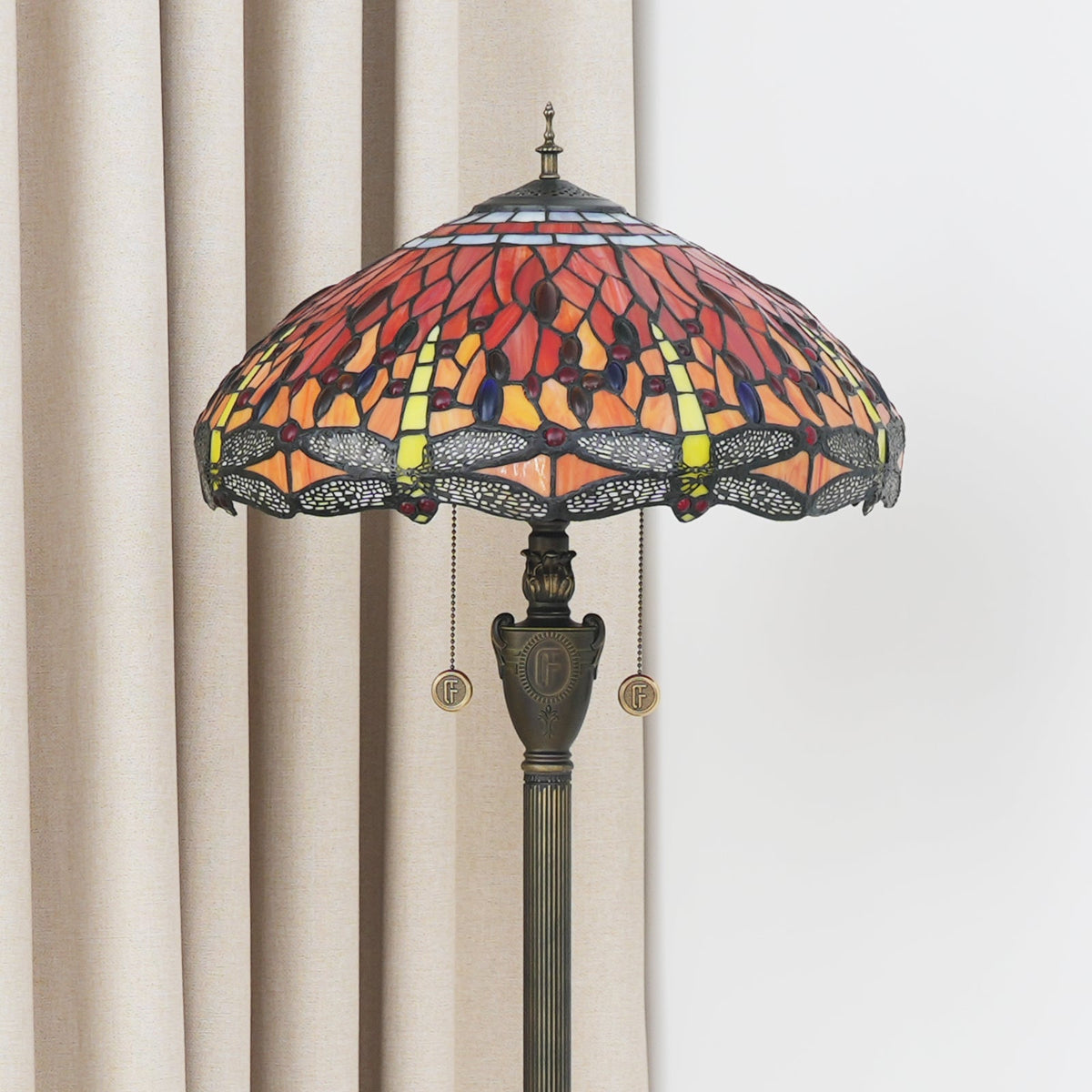 Tiffany-style stained glass floor lamp with dragonflies