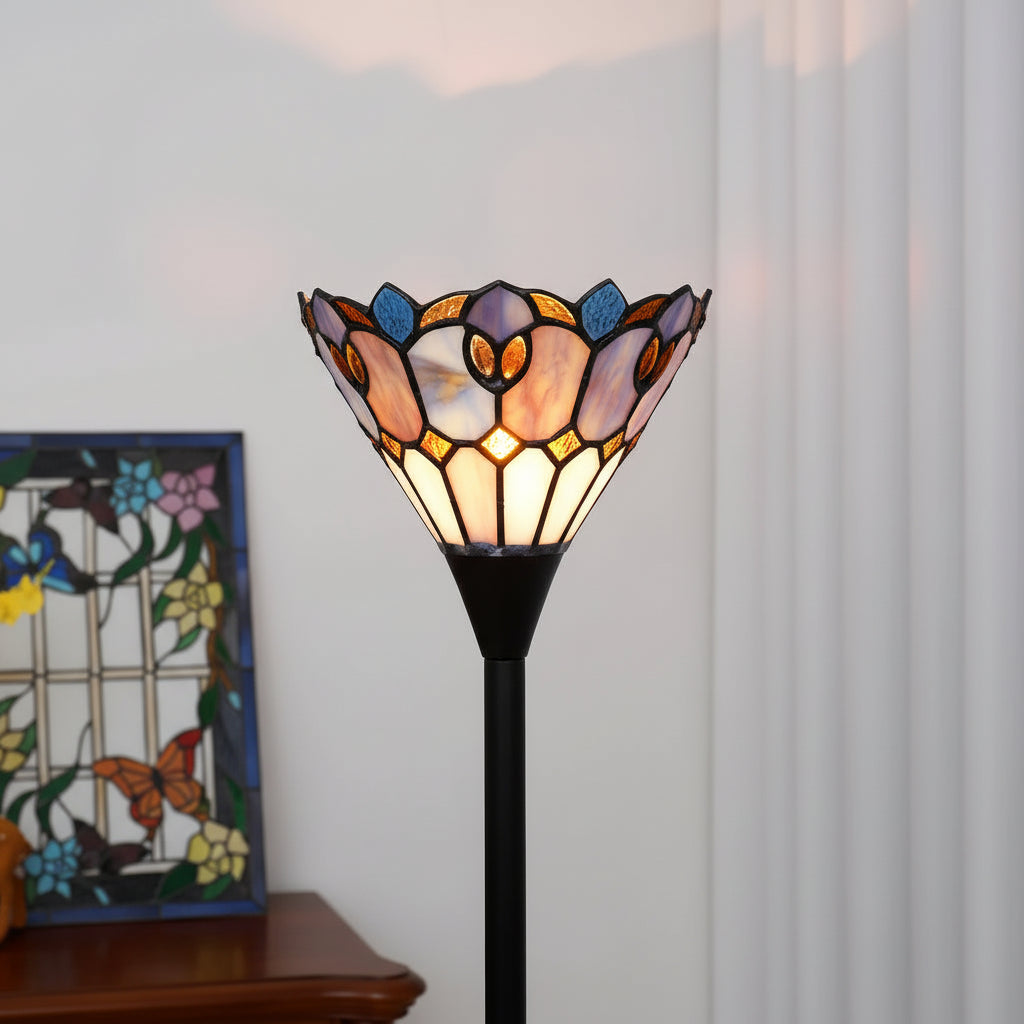 Tiffany-style stained glass floor lamp with flowers and butterflies