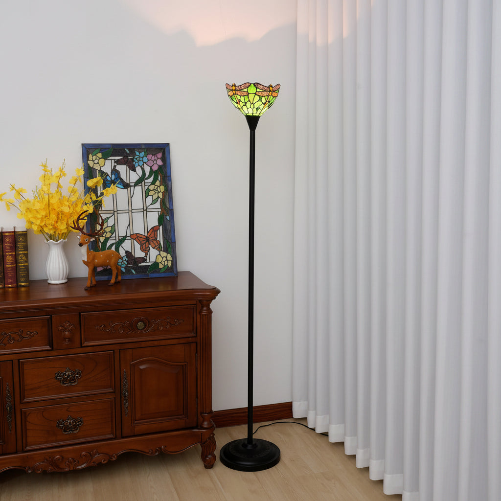 Tiffany-style stained glass floor lamp with green dragonflies