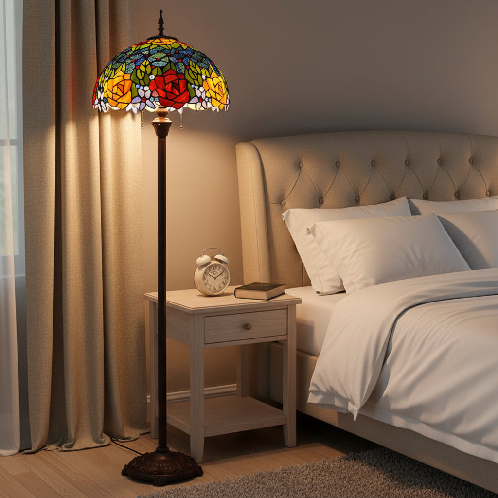 Tiffany-style stained glass floor lamp with red and yellow roses