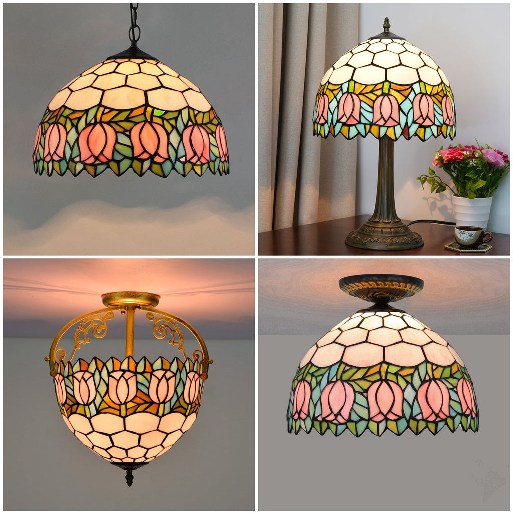 Tiffany-style stained glass lamp with pink tulips