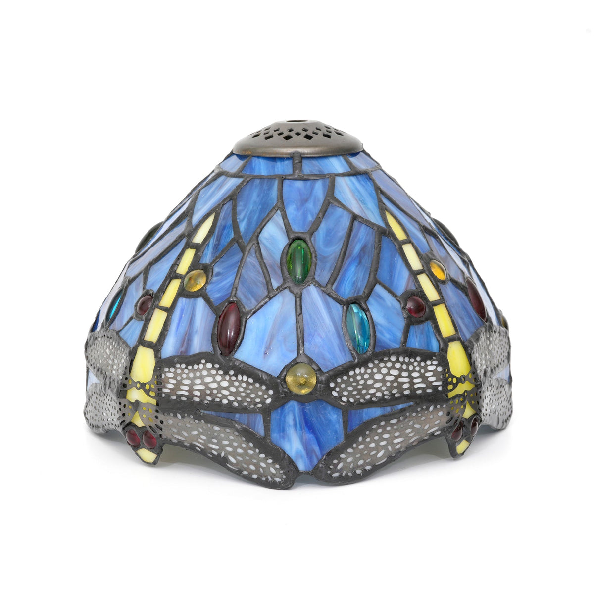 Tiffany-style stained glass lampshade in blue with dragonflies and cabochons