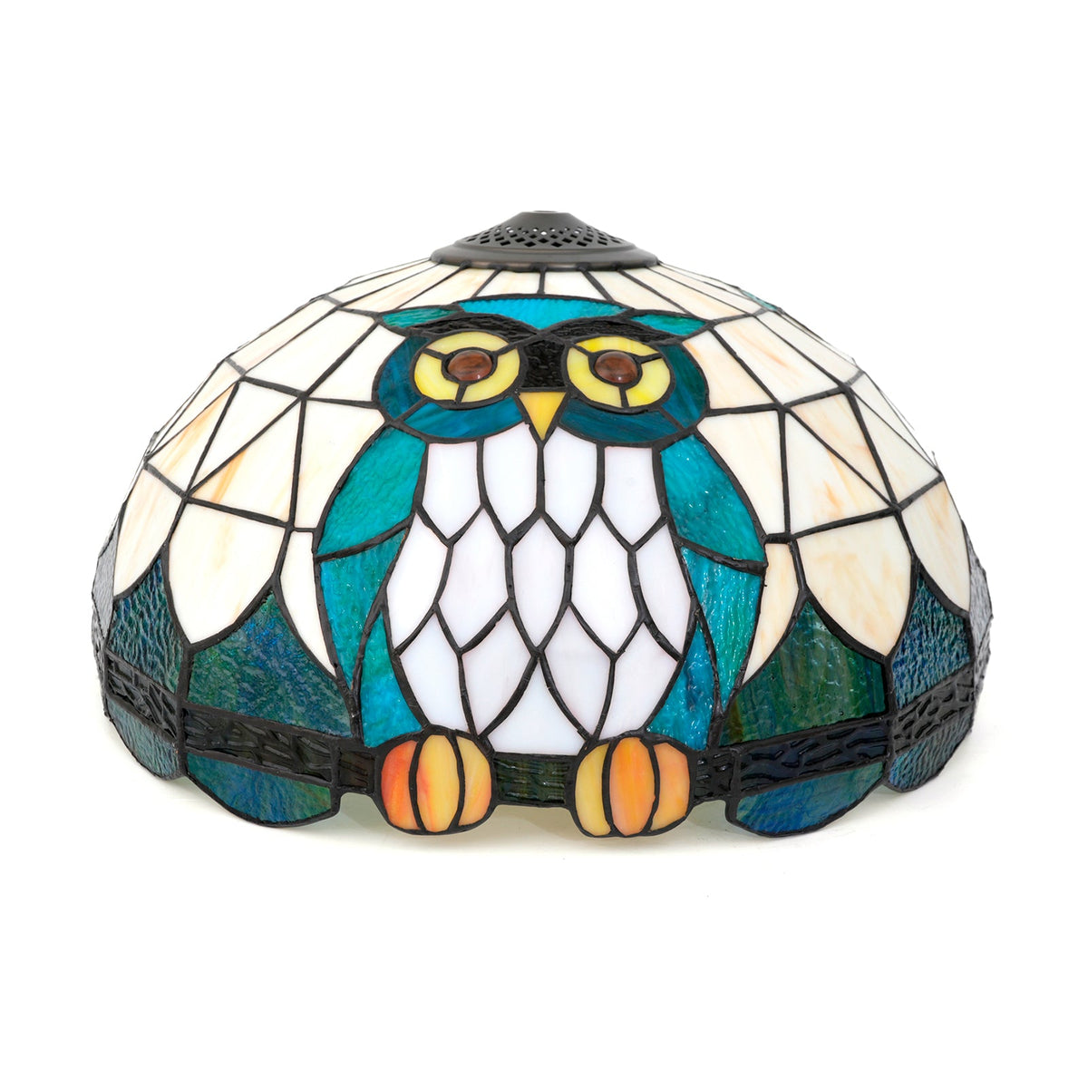 Tiffany-style stained glass lampshade with a blue-green owl design