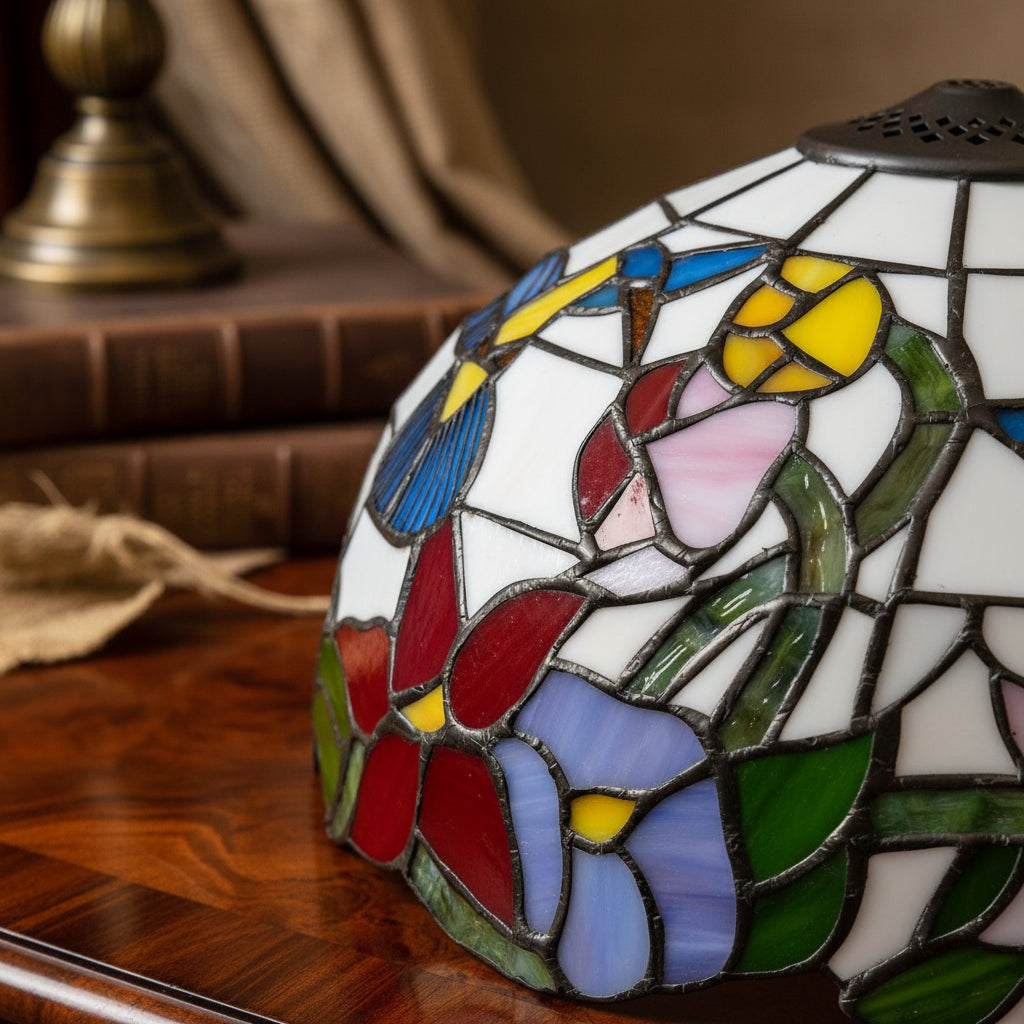 Tiffany-style stained glass lampshade with hummingbird and flower design