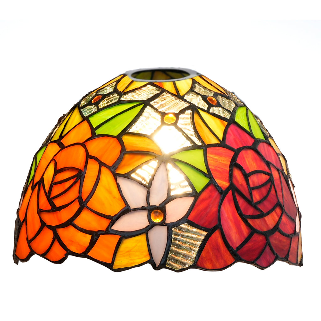 Tiffany-style stained glass lampshade with orange and red roses