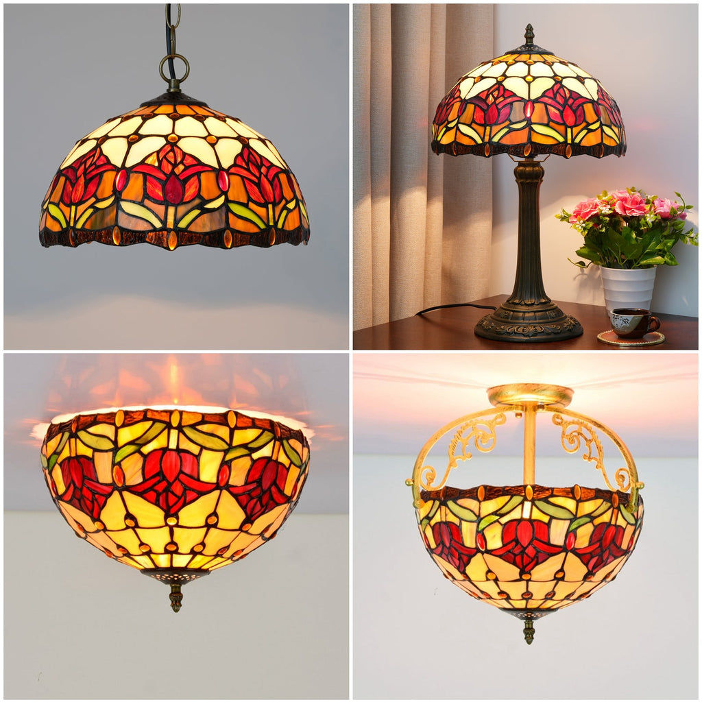 Tiffany-style stained glass light fixture in multicolored floral design
