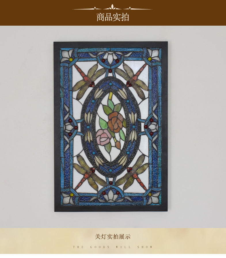 Tiffany-style stained glass panel with dragonflies and roses