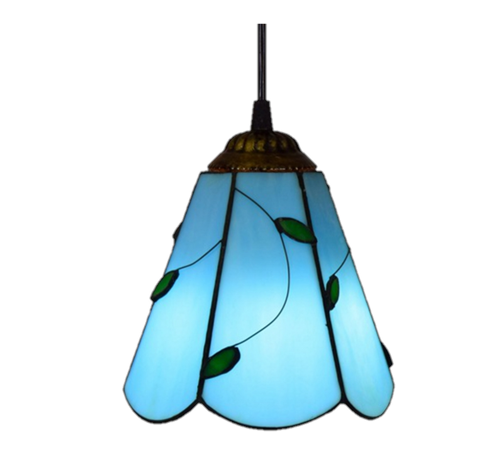 Tiffany-style stained glass pendant lamp in blue with green leaves