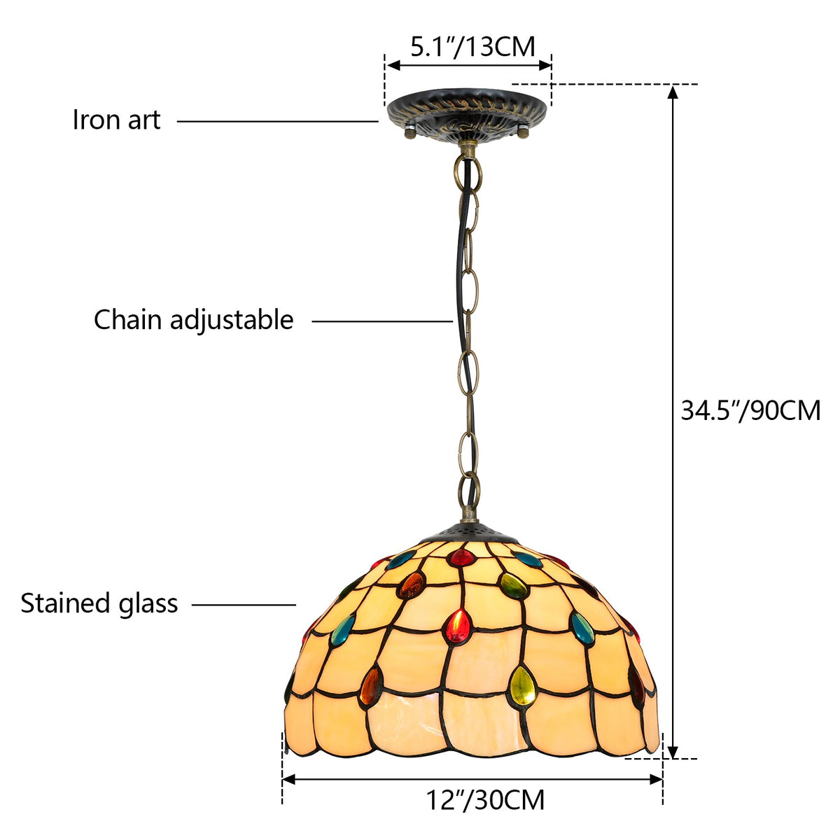 Tiffany-style stained glass pendant light in amber and multicoloured colours.