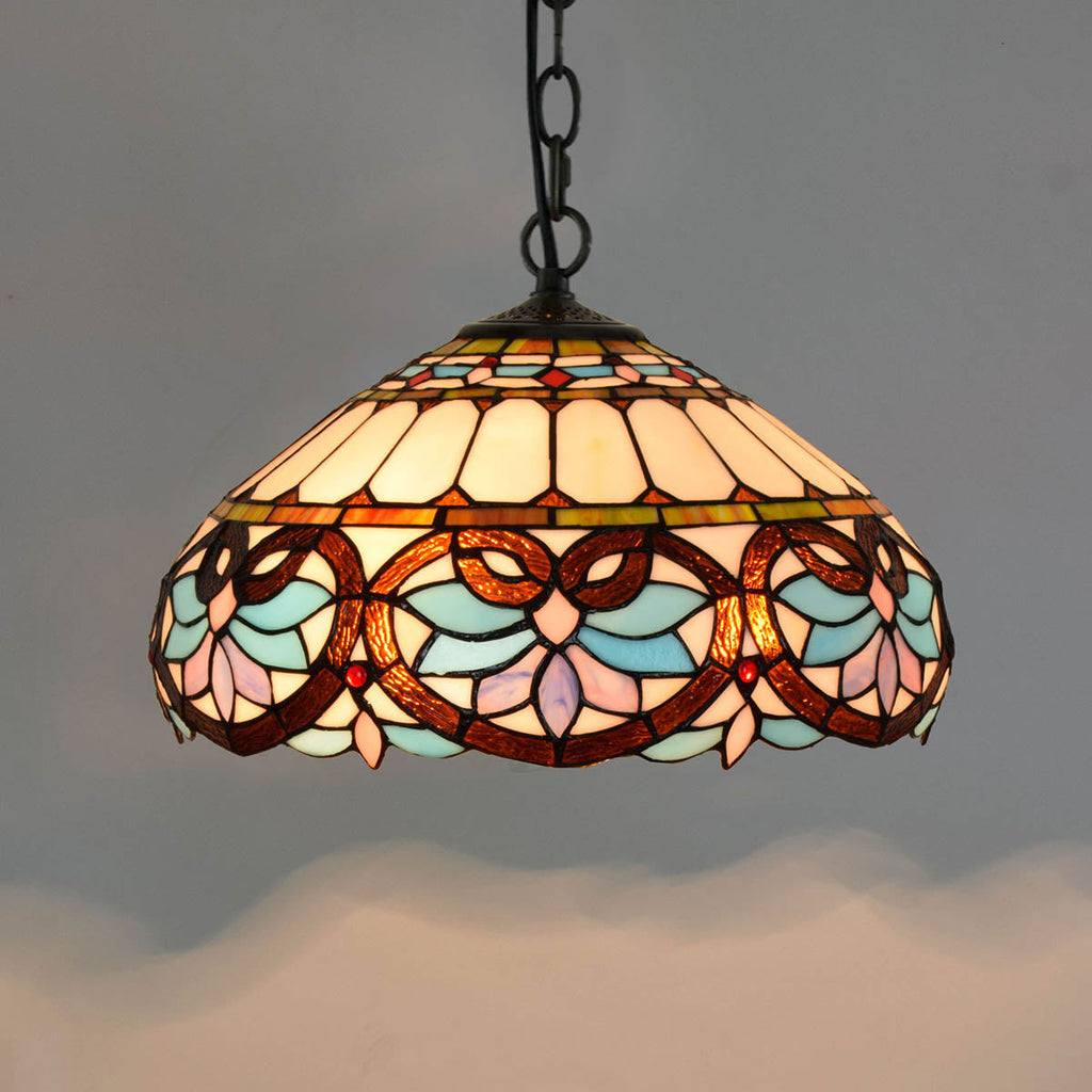Tiffany-style stained glass pendant light in blue and pink floral design.