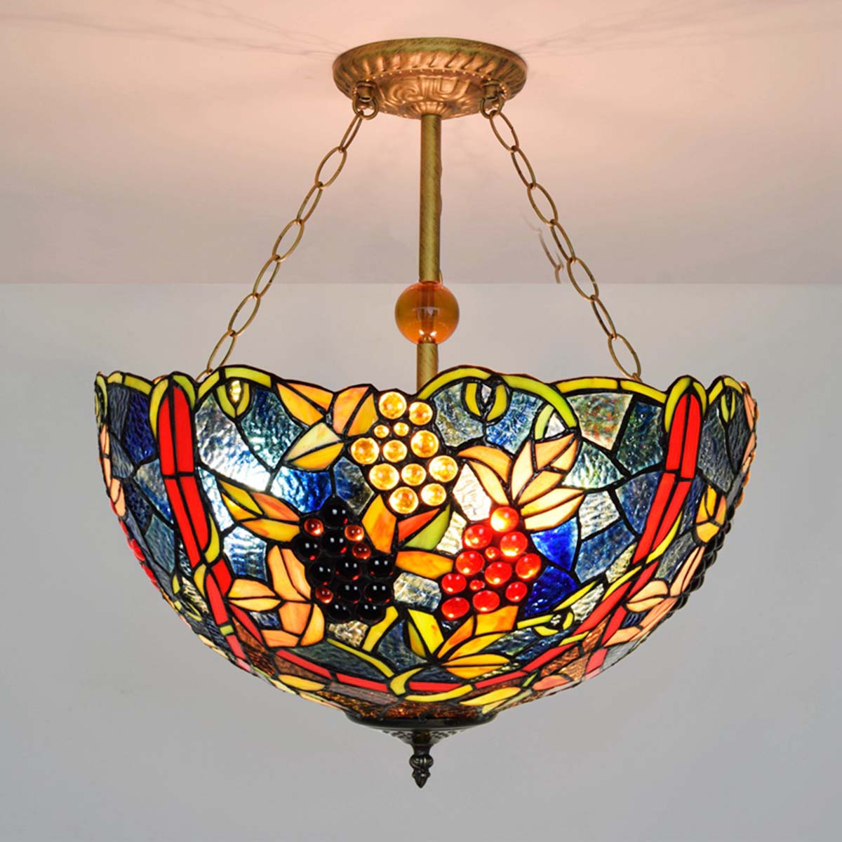 Tiffany-style stained glass pendant light with grapes