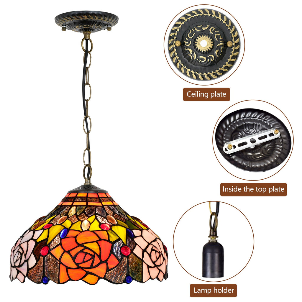Tiffany-style stained glass pendant light with multicolored roses