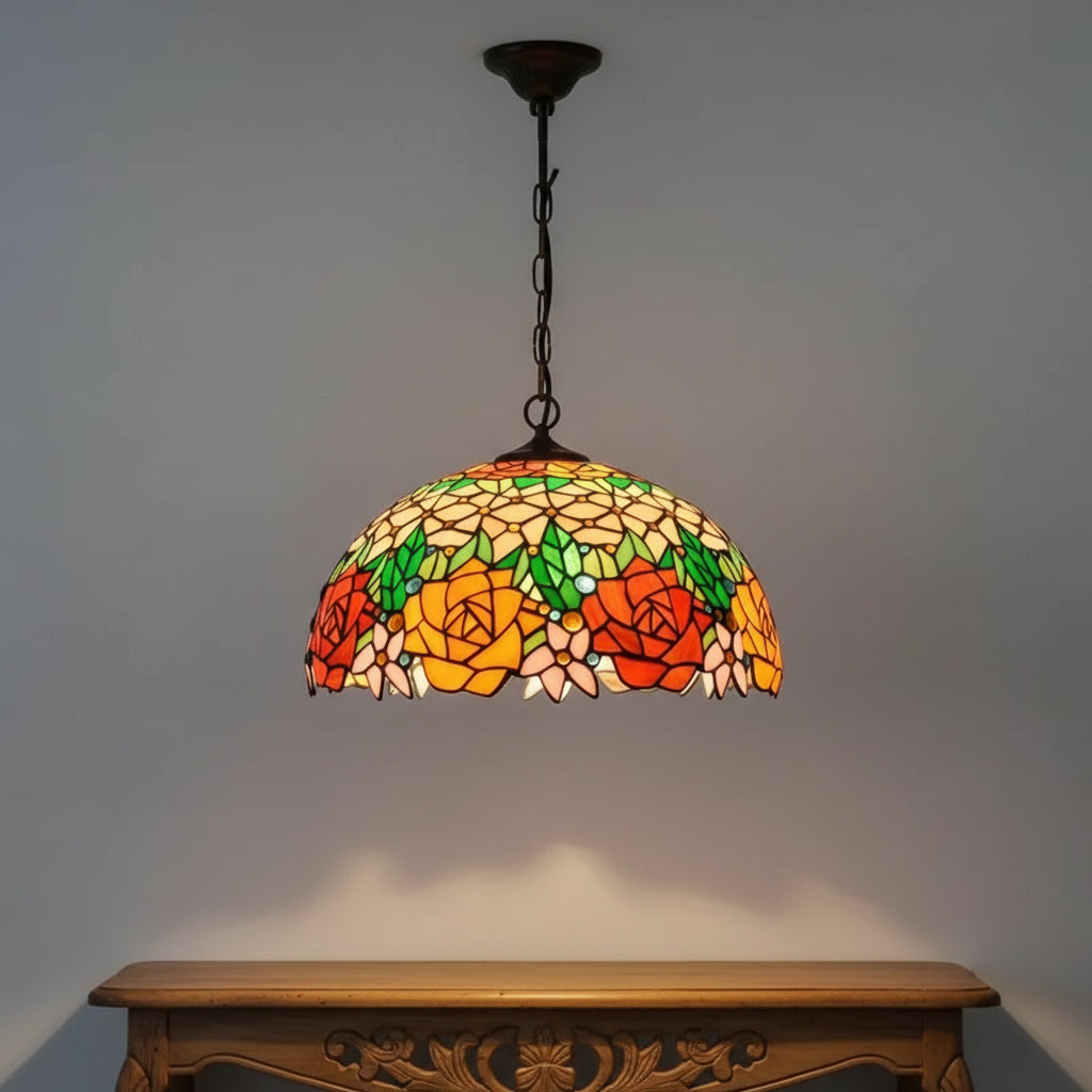 Tiffany-style stained glass rose pendant light, Ø40cm