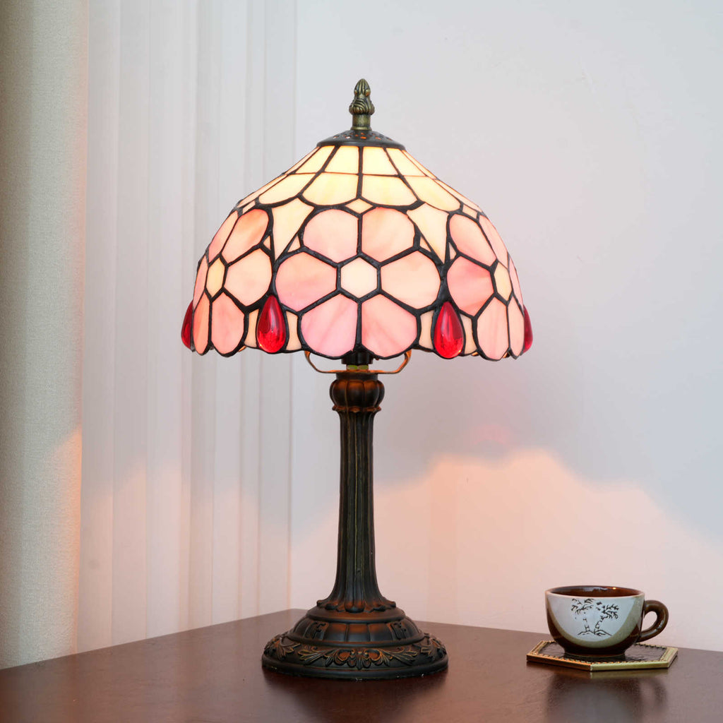 Tiffany-style stained glass table lamp in pink and red drops