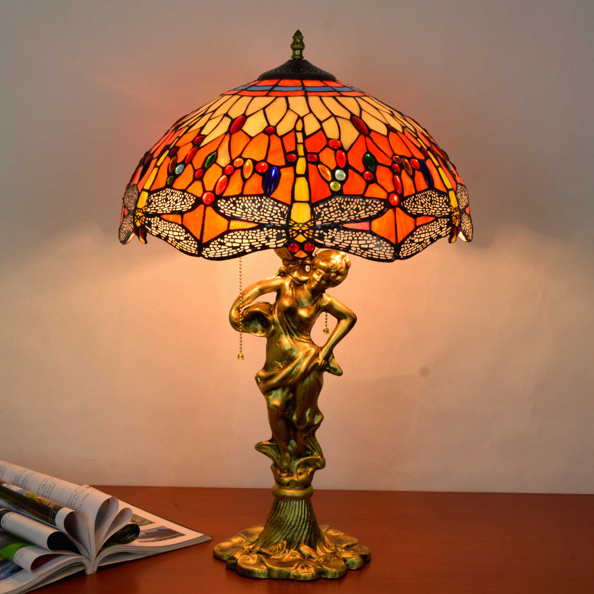 Tiffany Style Stained Glass Table Lamp with Dragonflies and Woman