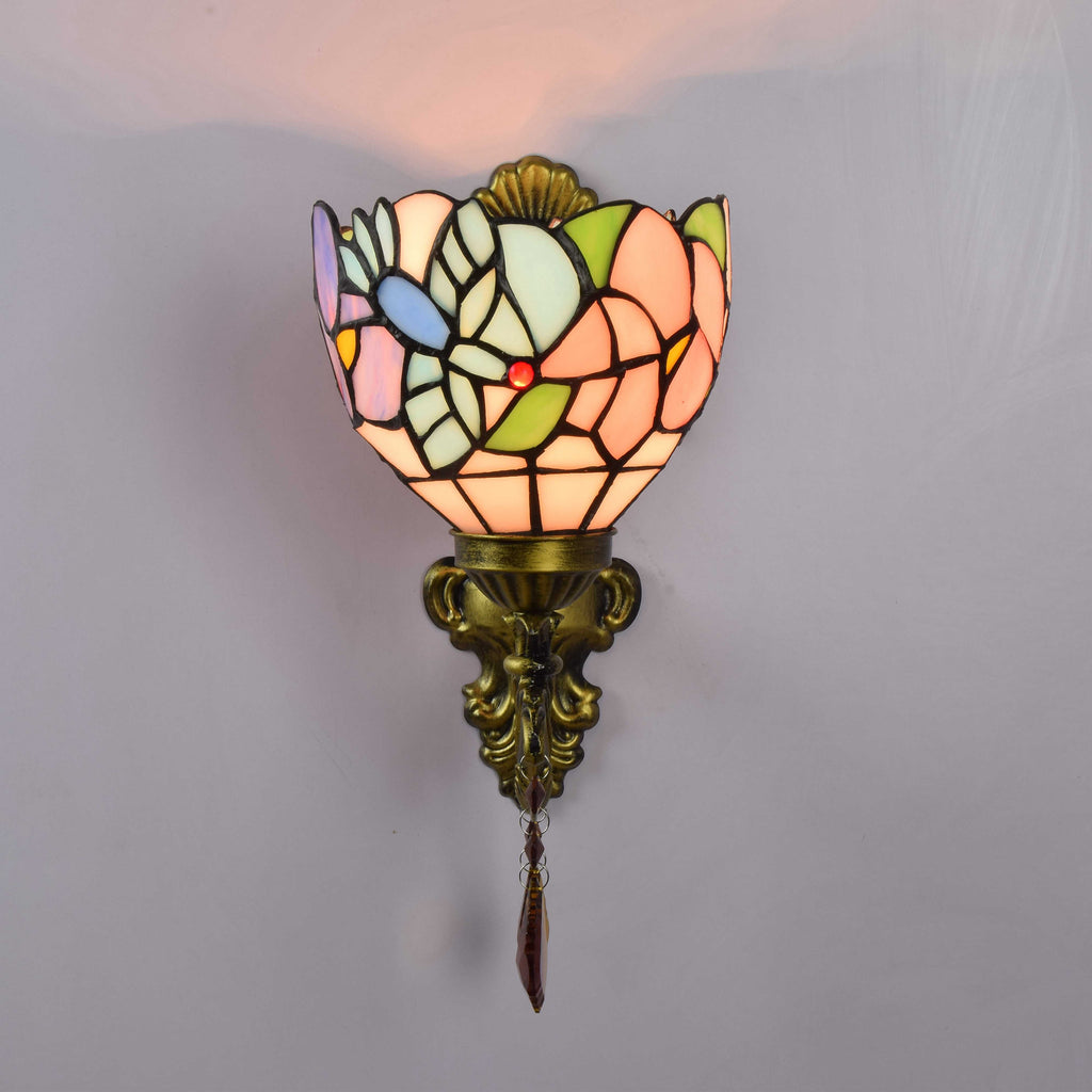 Tiffany-style stained glass wall sconce with pendant