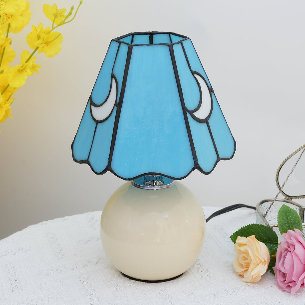 Tiffany Style Table Lamp, Blue, Moons, Cream Base