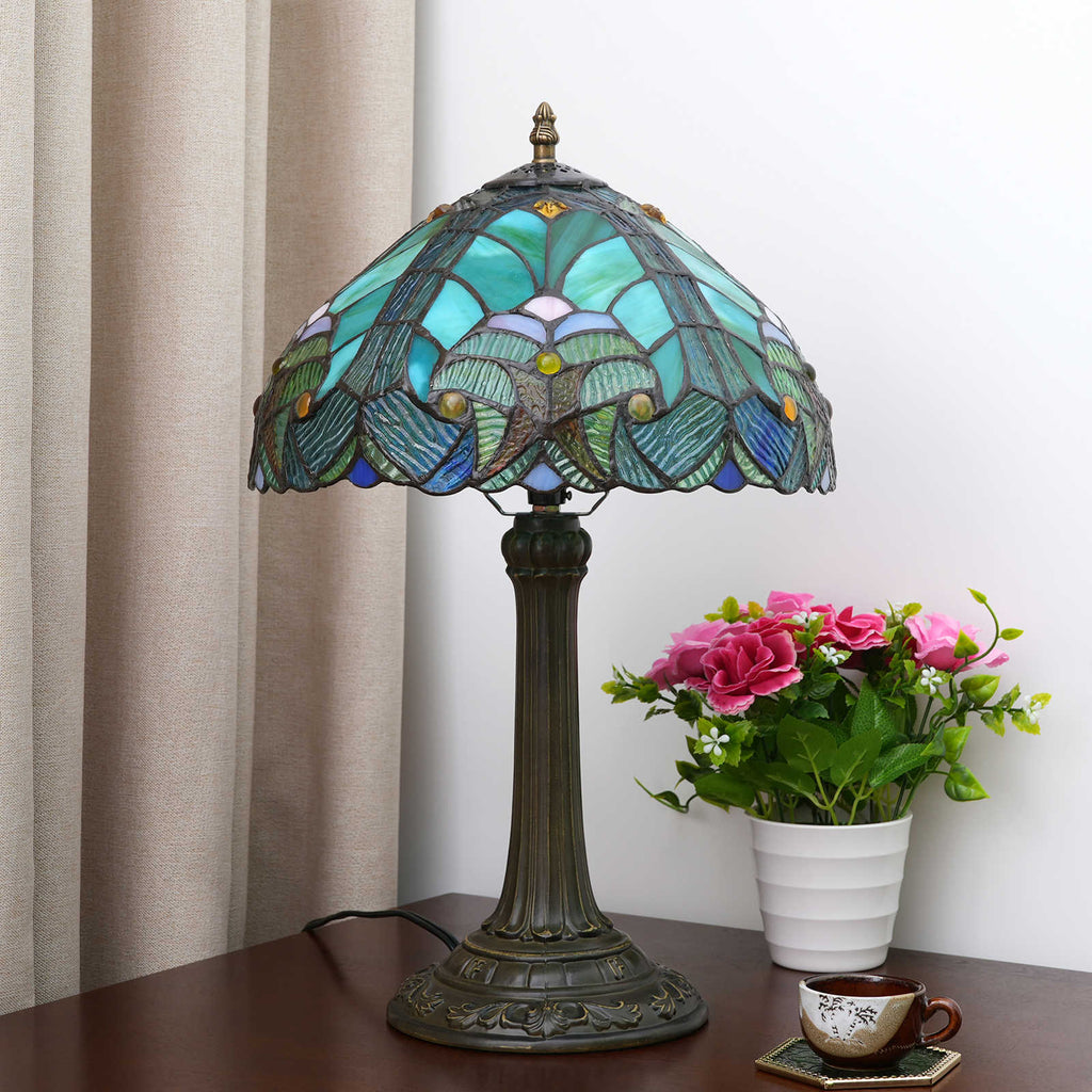 Tiffany Style Table Lamp in Green and Blue Stained Glass